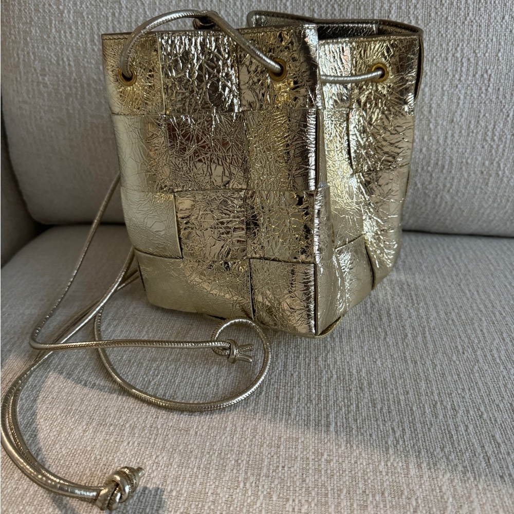Bottega Veneta Gold Metallic Cassette bucket leather crossbody bag